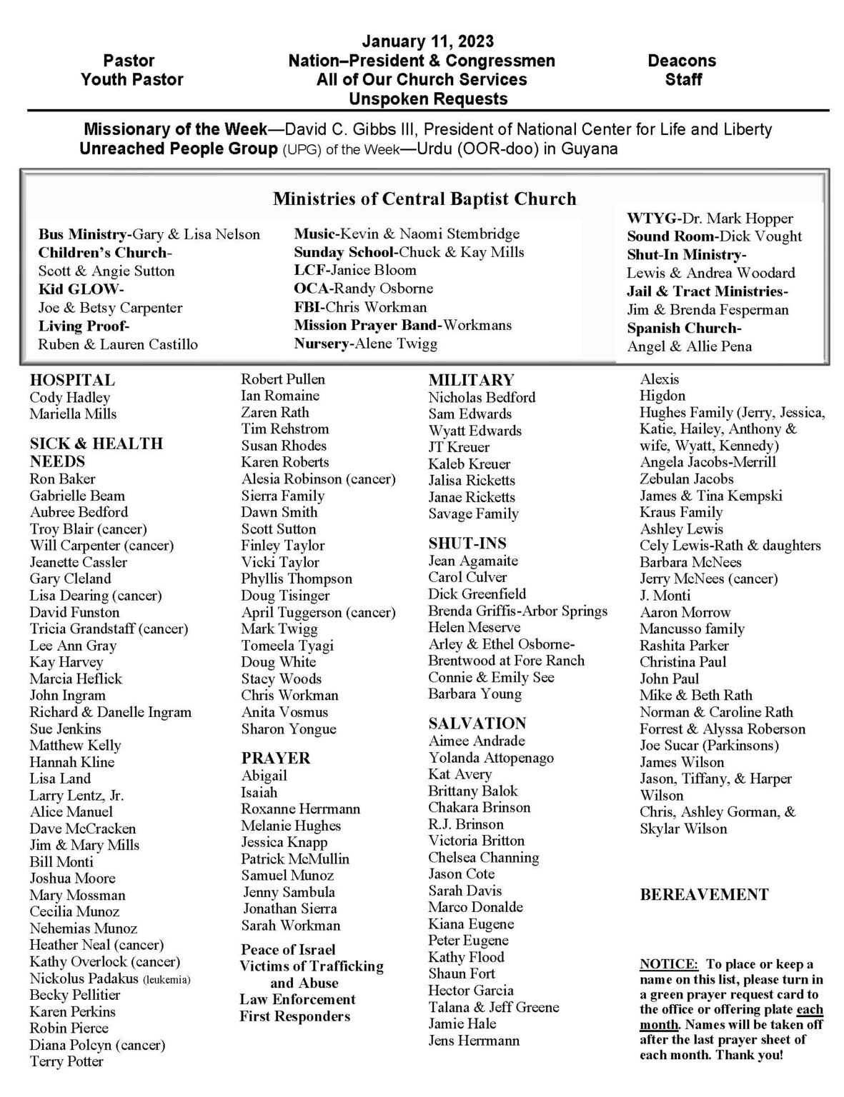 Prayer List Central Baptist Church